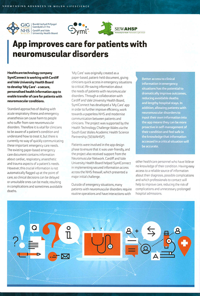 SymlConnect MyCare Neuromuscular Health Information App featured in MediWales LifeStories Magazine